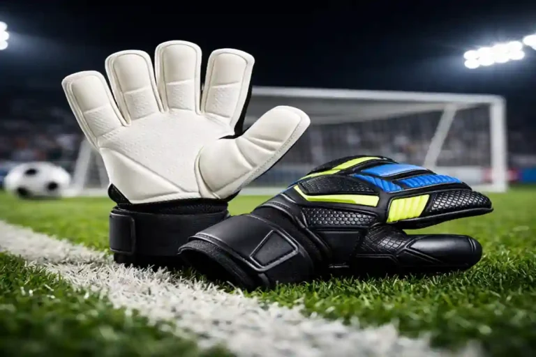 High quality goalkeeper gloves with latex palm and wrist strap placed on football pitch near goal post for training and match use