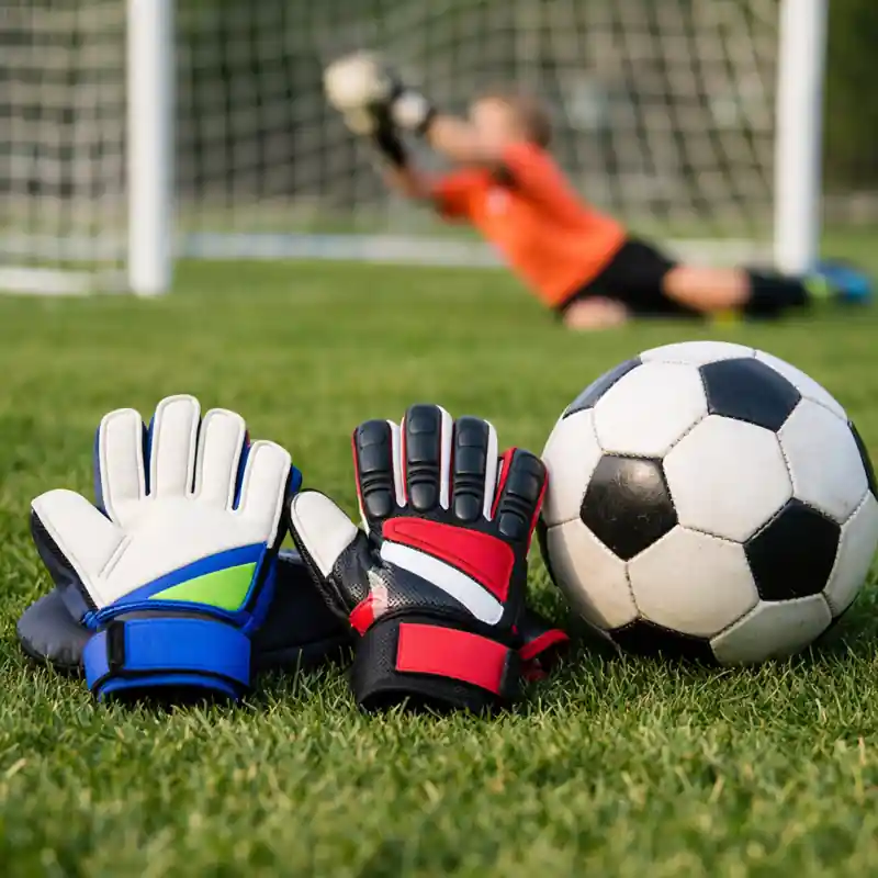 kids goalkeeper gloves placed on grass with soccer ball during youth training session
